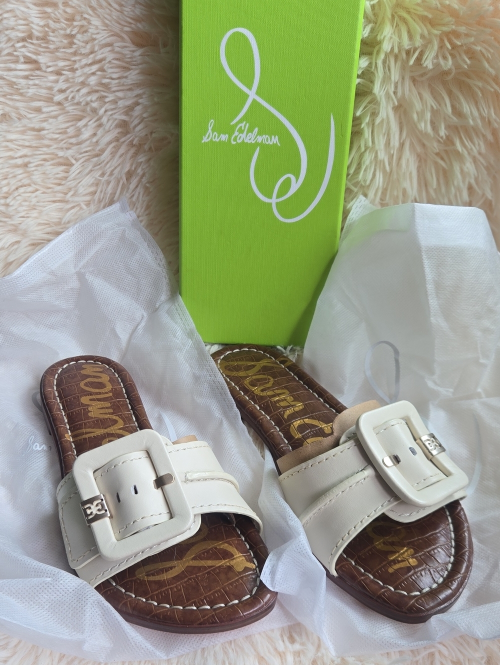 Sam Edelman White Buckle Slide Mules with Brown Footbed